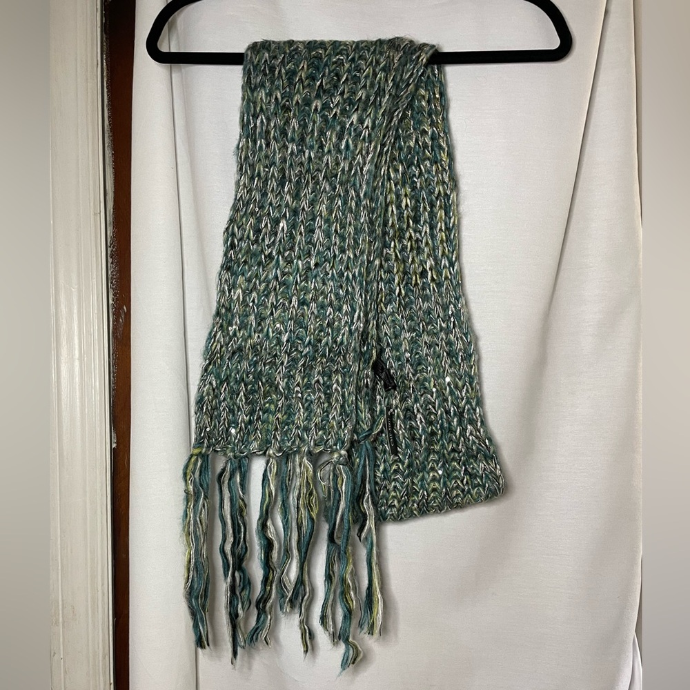 NWT Rikka Green Silver Teal Gray Multicolor Long Scarf w Sequins Fringe Size O/S